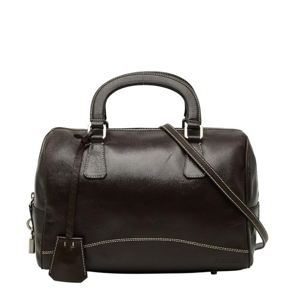 Prada Tessuto Boston Bag Shoulder Dark Brown Leather